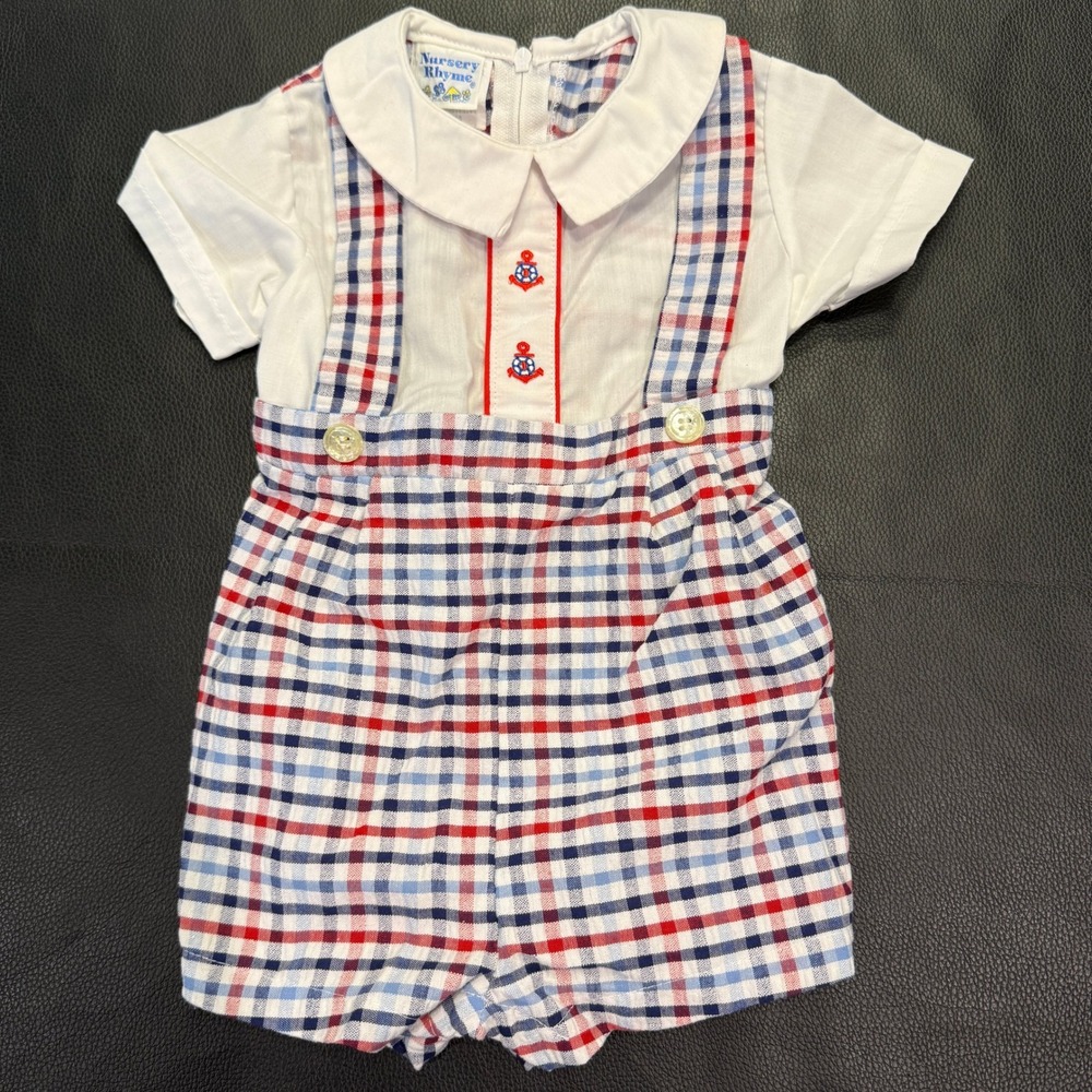 Nursery Rhyme Plaid Romper Baby Boy 6/9 Months Red White Blue Anchor Vintage USA